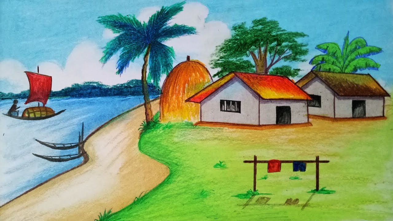 How to draw Simple Village with oil pastel Step by step 