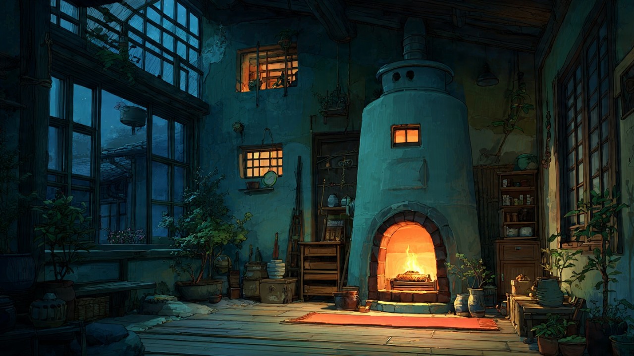 “Warm Fireplace Sounds ASMR 🌙|Cozy Night “Relaxing Fireplace🔥 | Ghibli-Style Cozy Ambience |