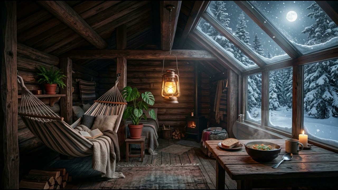 Deep Sleep Cabin with Lantern Light – Moonlit Snow, Warm Glow & Quiet Winter Calm