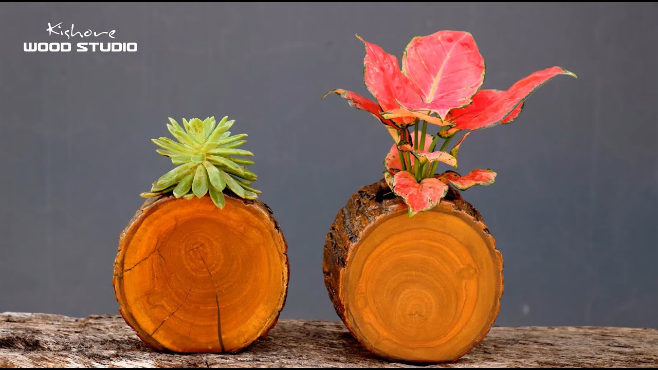 DIY How to make wood log planter & flower pot with Drill Machine # ...
