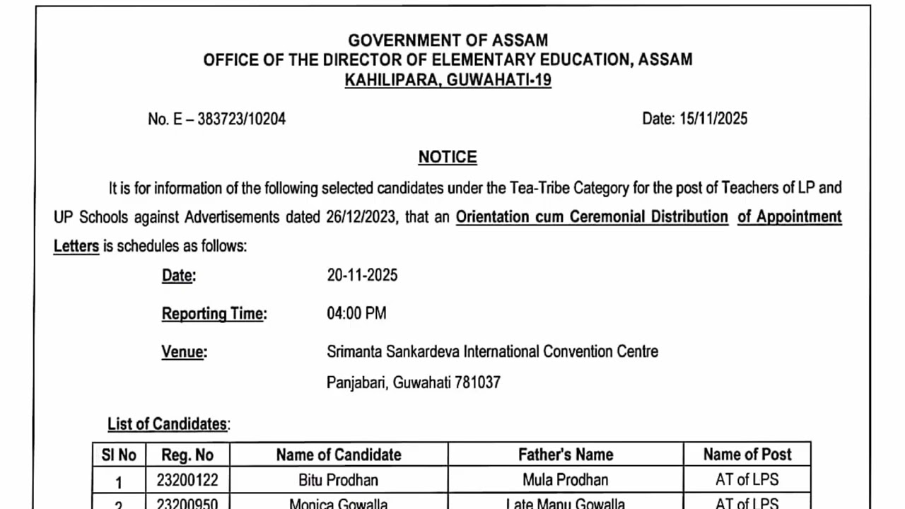 DEE LP/UP appointment letter 🔥 | Tea Tribes Candidates | 20 November 2025 | DEE Assam | 