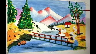 village scene drawing painting easy landscape water