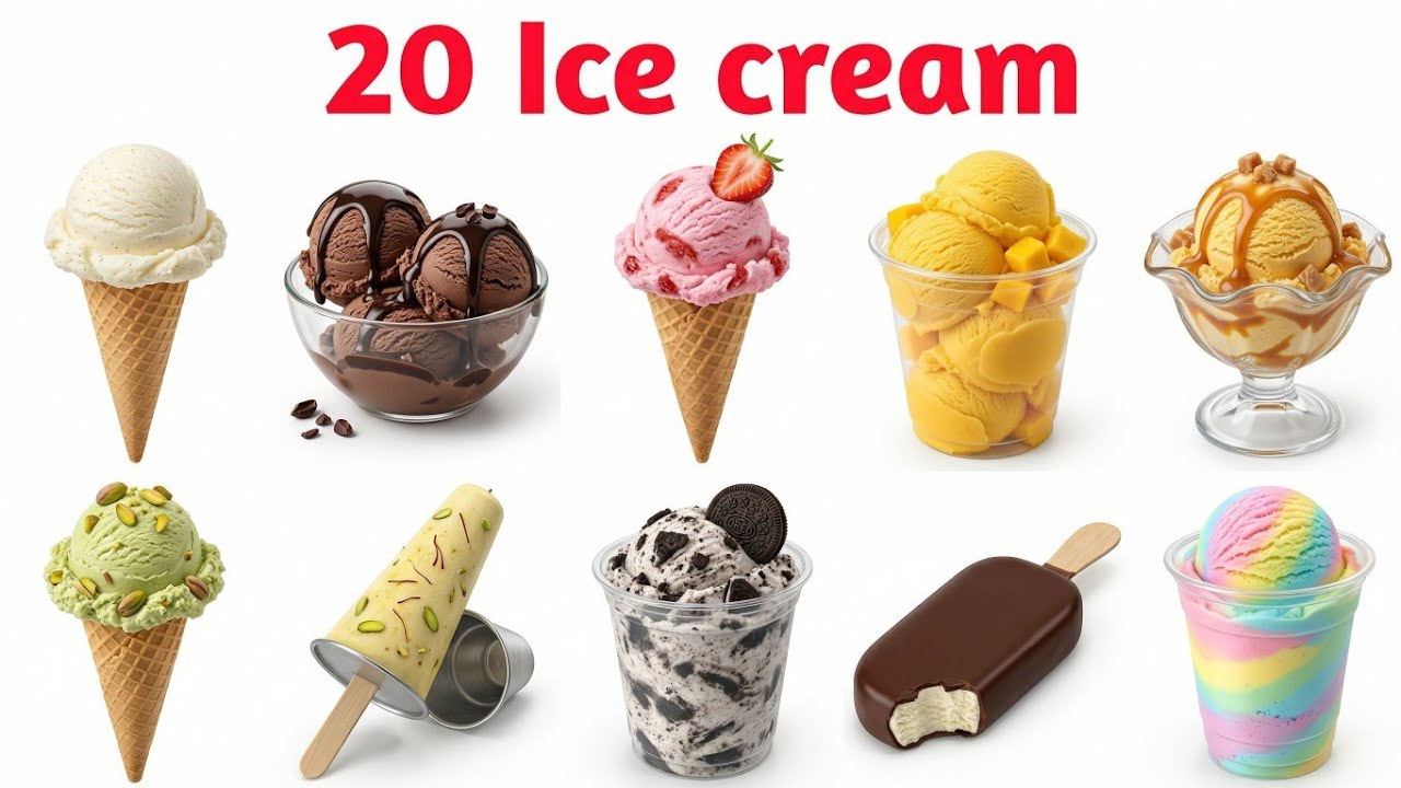 20 आइसक्रीम के नाम | Learn 20 Ice Cream Names in English and Hindi | Kids Learning Video