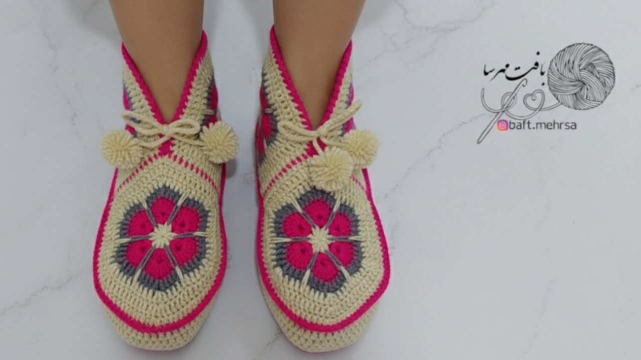 آموزش نیمبوت قلاببافی دخترانه | آموزش پاپوش قلاببافی | بوت زنانه بافتنی | روفرشی قلاببافی  اسپرت