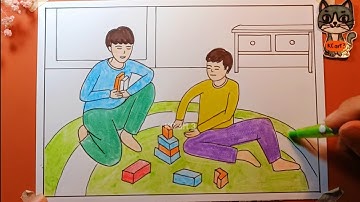 vẽ tranh hoạt động trong gia đình | Bố cục trong tranh sinh hoạt | tranh xé dán giấy màu - kcart3