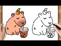 How to Draw Capybara Drinking MilkTea Easy