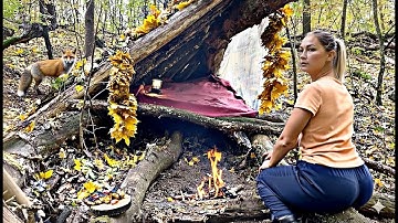 Building a secret primitive shelter in a fallen tree. Survival skills girl