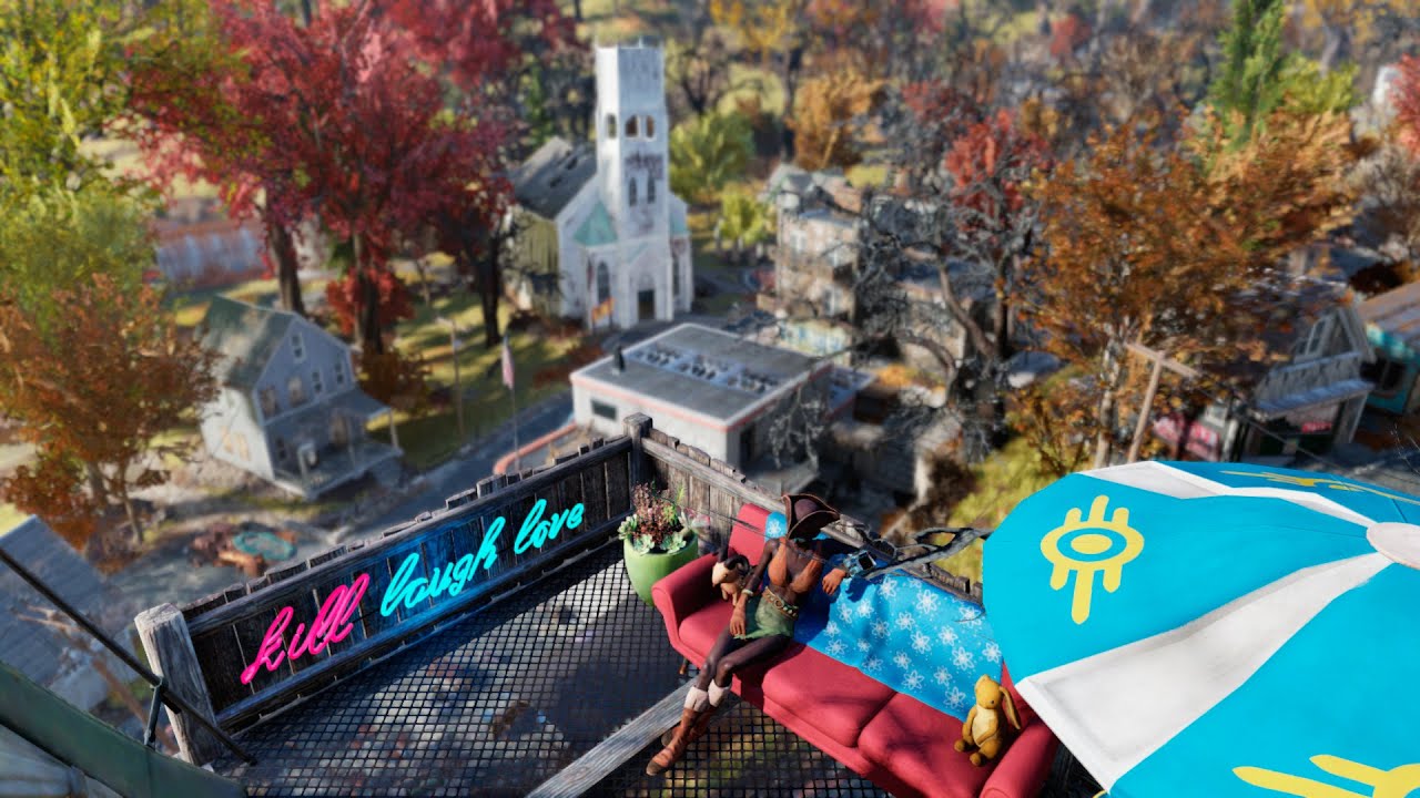 Fallout 76 - my undeground c.a.m.p with the tree house in Flatwoods at night