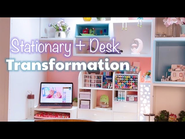 Desk + Stationary organization Makeover u0026 Studio Set-up | DIY aesthetic desk makeover | Studio Setup class=