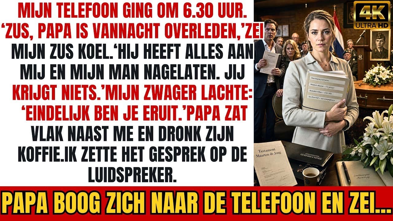 Om 06:30 uur belde mijn zus me op om te zeggen dat onze vader dood was, terwijl hij aan mijn keukentafel zat en het spek van mijn bord stal. “Papa heeft alles aan mij en mijn man nagelaten. Jij...