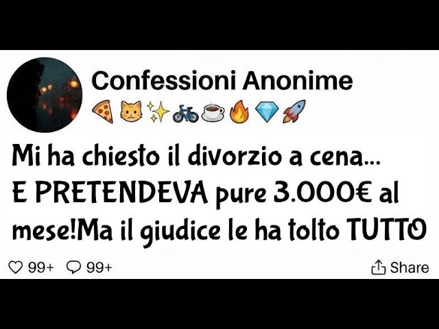 Mia moglie mi ha messo davanti i documenti del divorzio a cena, tra la saliera e lo sformato che le avevo appena cucinato. Mentre continuava a masticare, mi ha detto: "Mi aspetto comunque che sul...