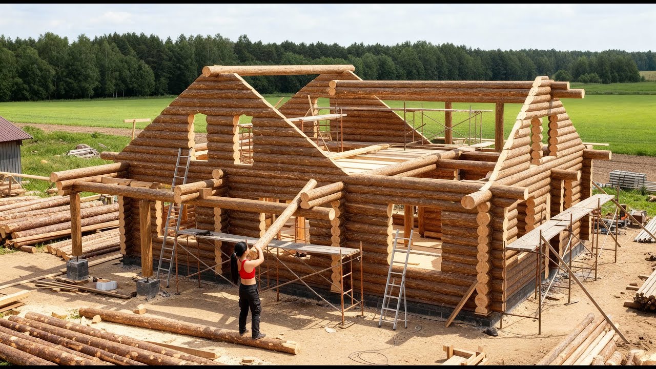 女の子が一人で建てるキャビン：基礎から金属屋根の完成まで | Girl Building Cabin Alone: From Foundation to Metal Roof by Myself