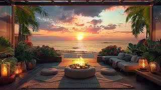 Relax and admire the tropical summer sea sunset | Nature sounds, waves, campfire for sleep