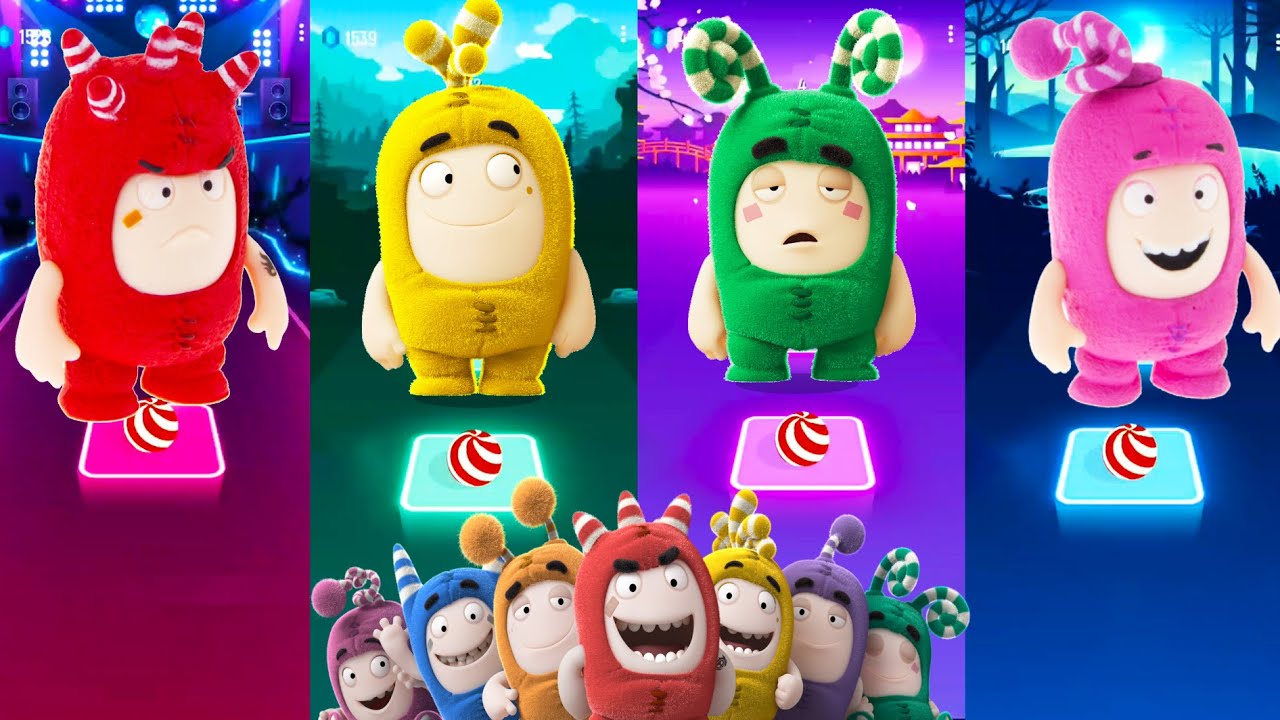 Oddbods - Fuse Red - Bubbles Yellow - Zee Green - Newt Pink: Tiles Hop
