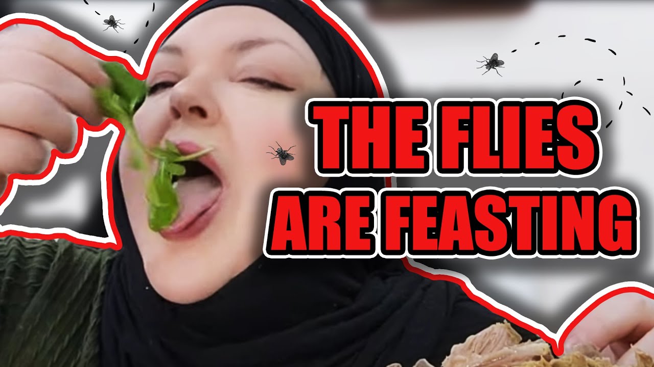 Foodie Beauty Surrounded by Flies while Eating Another Family-Sized Dinner