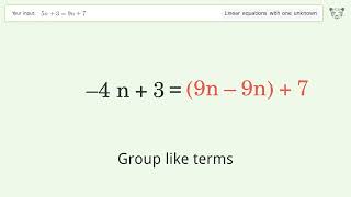 Solve 5n+3=9n+7: Linear Equation Video Solution | Tiger Algebra