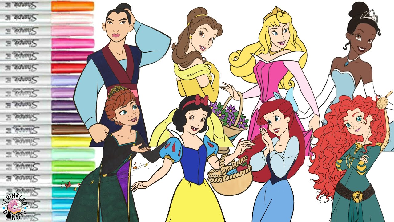 Disney Princess Coloring Book Compilation Ariel Anna Mulan Snow White Tiana Aurora Belle Merida
