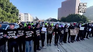 Angry drivers try to move Pro-Palestinian protesters who shut down LA freeway during rush hour