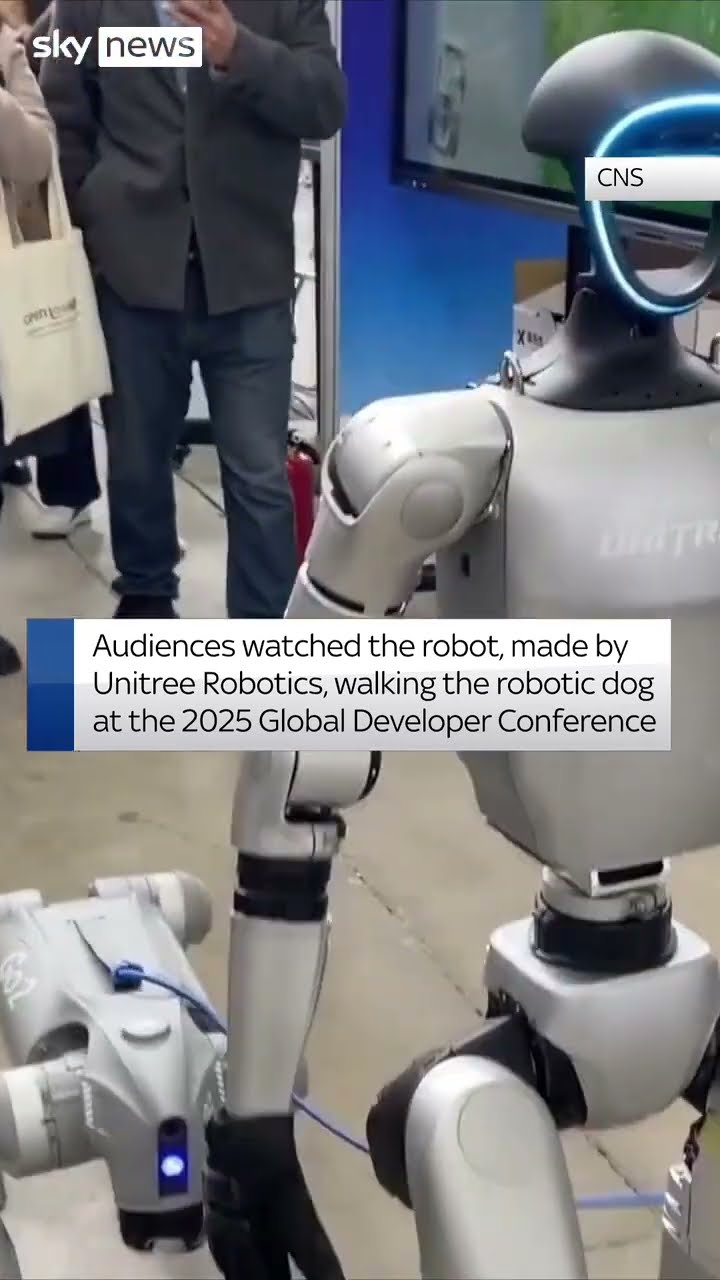 Humanoid robot takes robotic dog for a walk