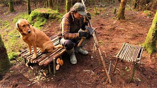 Building a Secret Bushcraft Shelter in Dense Woodland using Hand Tools | Bed | Table | Wilderness