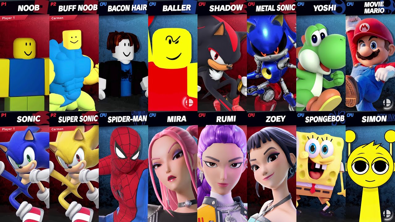 Sonic vs Mario vs Roblox vs Fortnite vs Spider-Man vs SpongeBob vs KPop Demon Hunters | Smash Bros