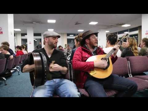 Irish flight delayed so trad session started between Daoirí Farrell, Geoff Kinsella and Robbie Walsh.