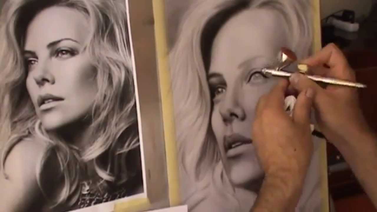 Black and white airbrush  portrait  of Charlize Theron 