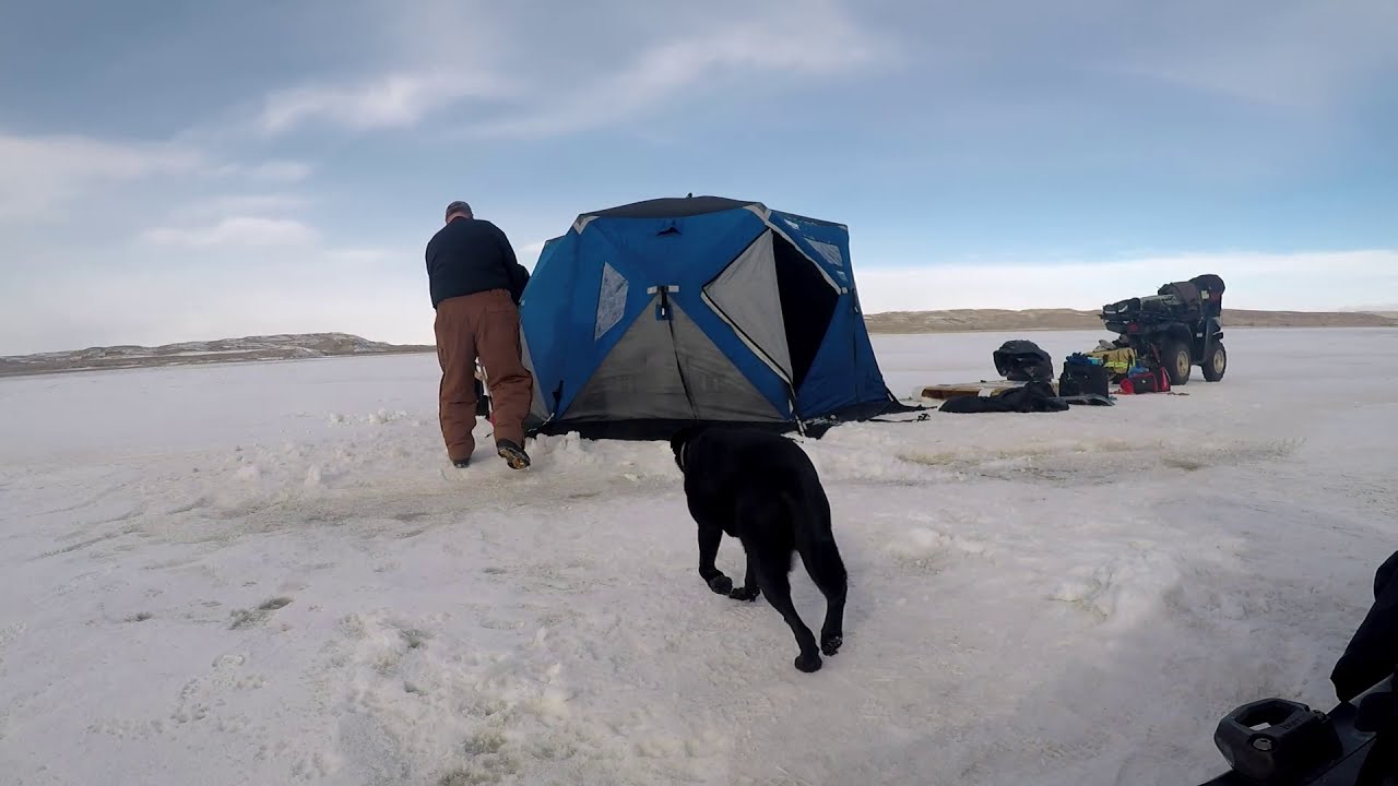 Otter XTH Pro Resort Hub Ice Shelter setup with floor. 