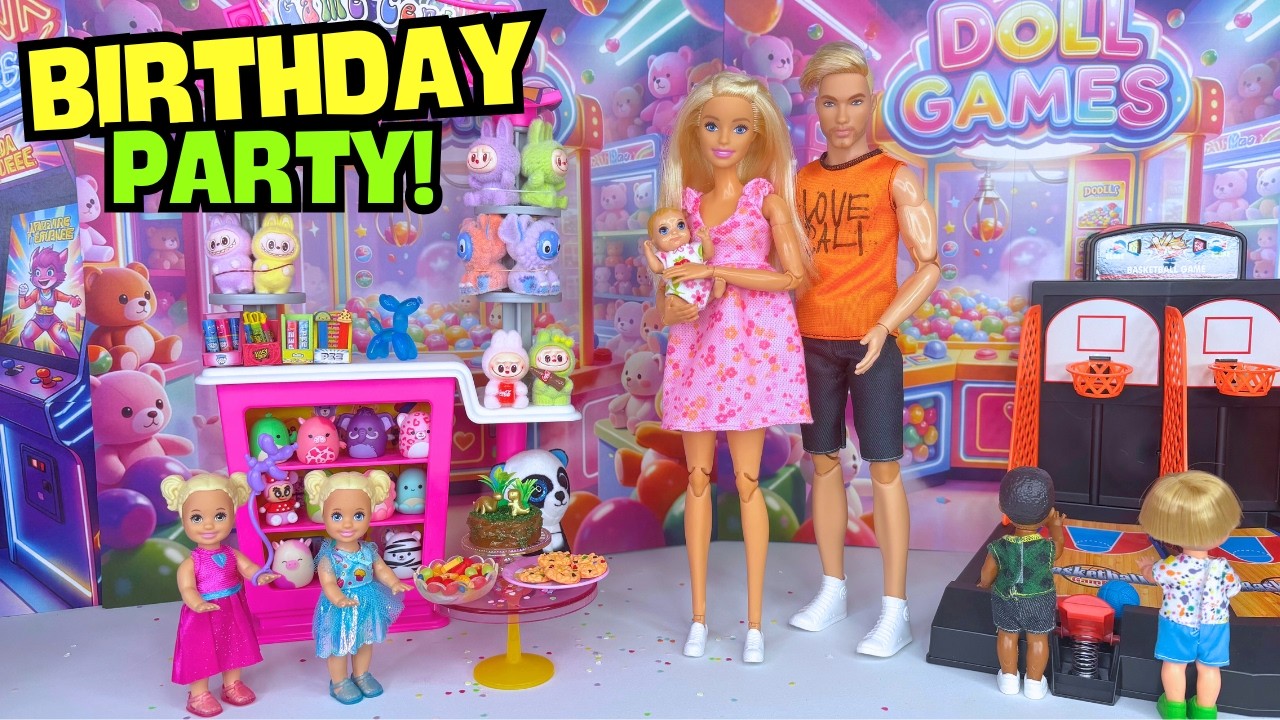 Barbie & Ken Doll Family Getting Ready for Arcade Birthday Party