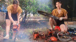 Genius girl. Repair and restore damaged gasoline saws, help carpenters _ Girl Mechanical