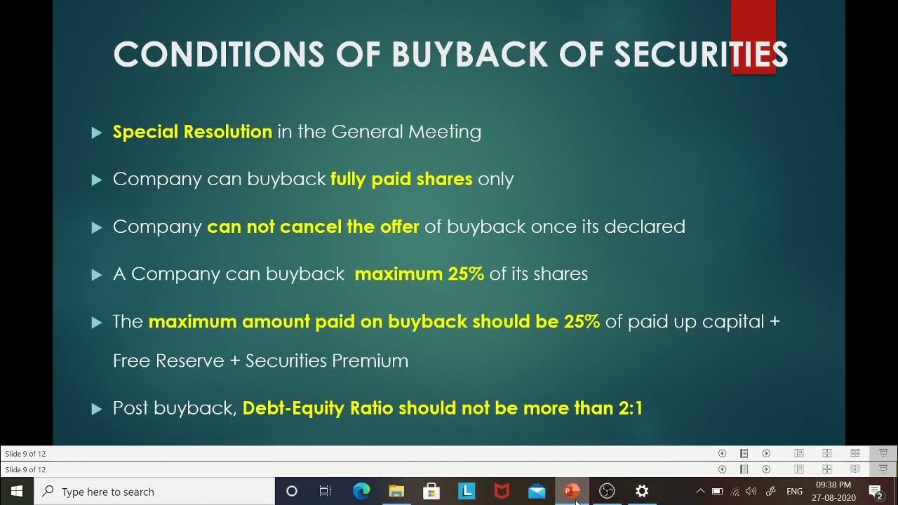 Financial Accounting Buyback of Shares Conditions of buyback By