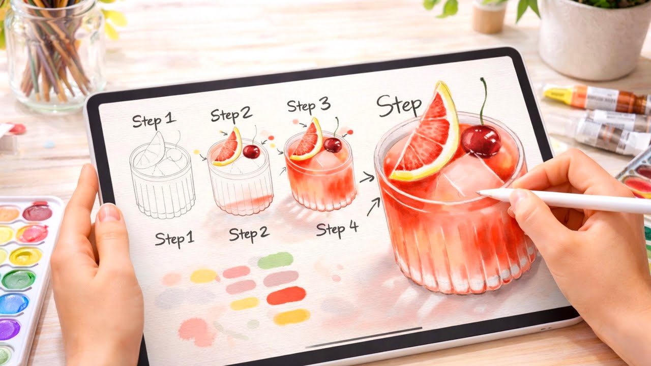 Paint With Me | Step by Step Grapefruit Drink Drawing