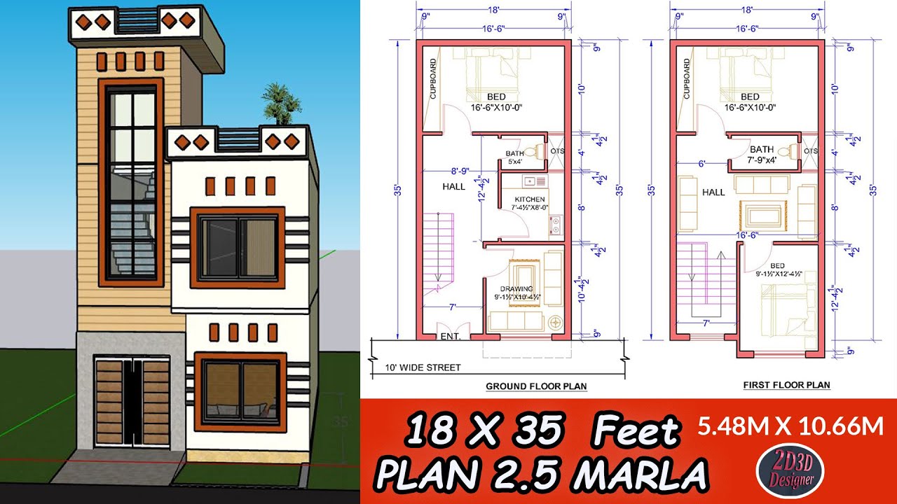 18x35 Feet House Plan with Interior and Elevation 630 Sq 