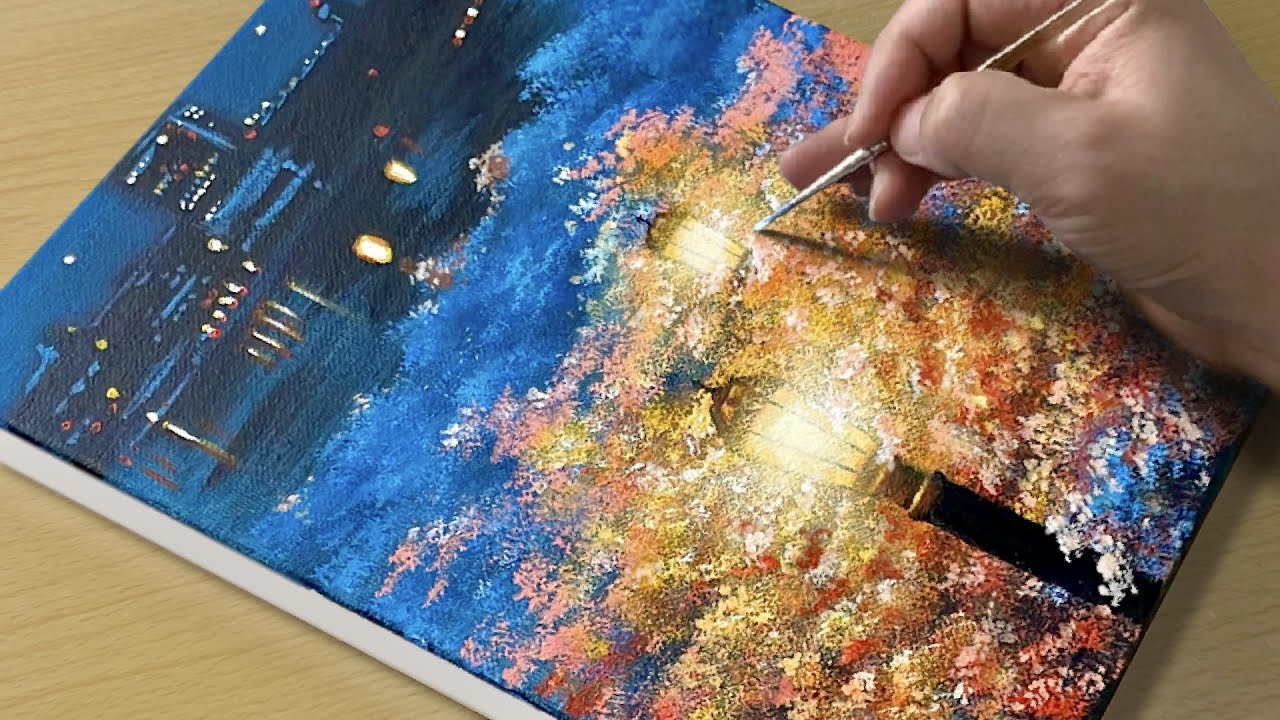 How to Draw a Cherry Blossom Night View / Acrylic Painting - YouTube