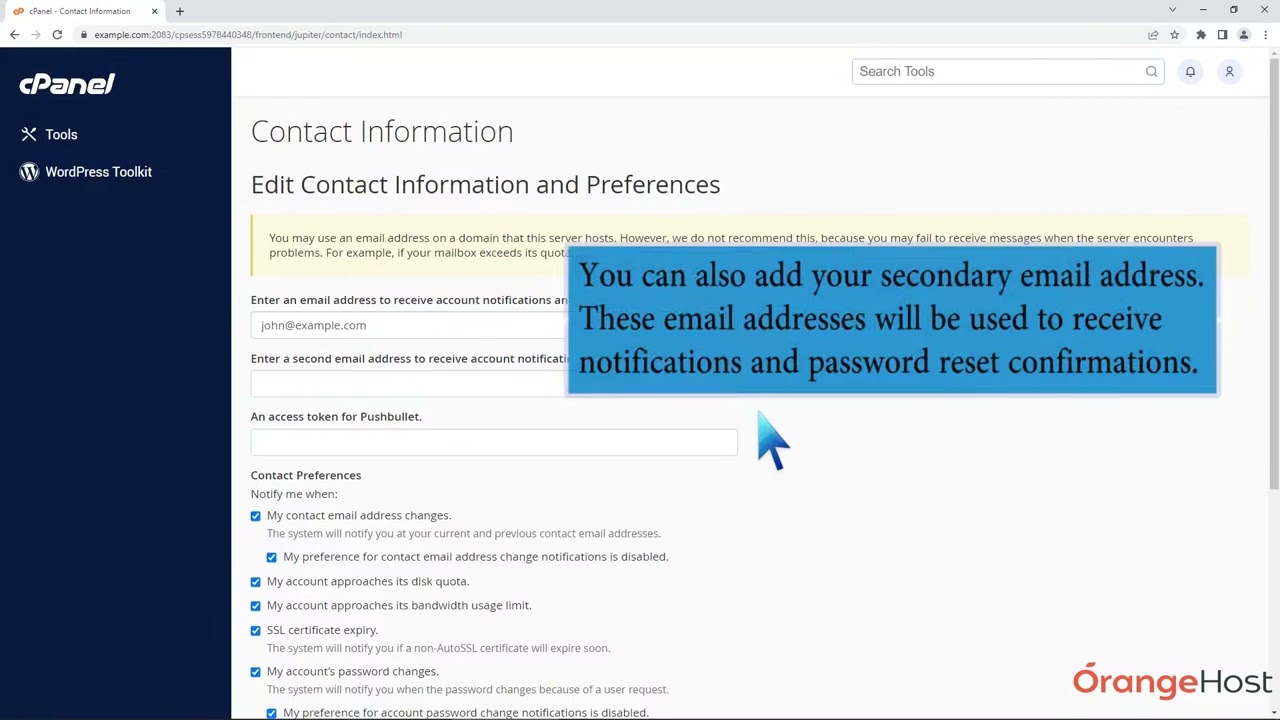 How to update your contact information in cPanel with OrangeHost