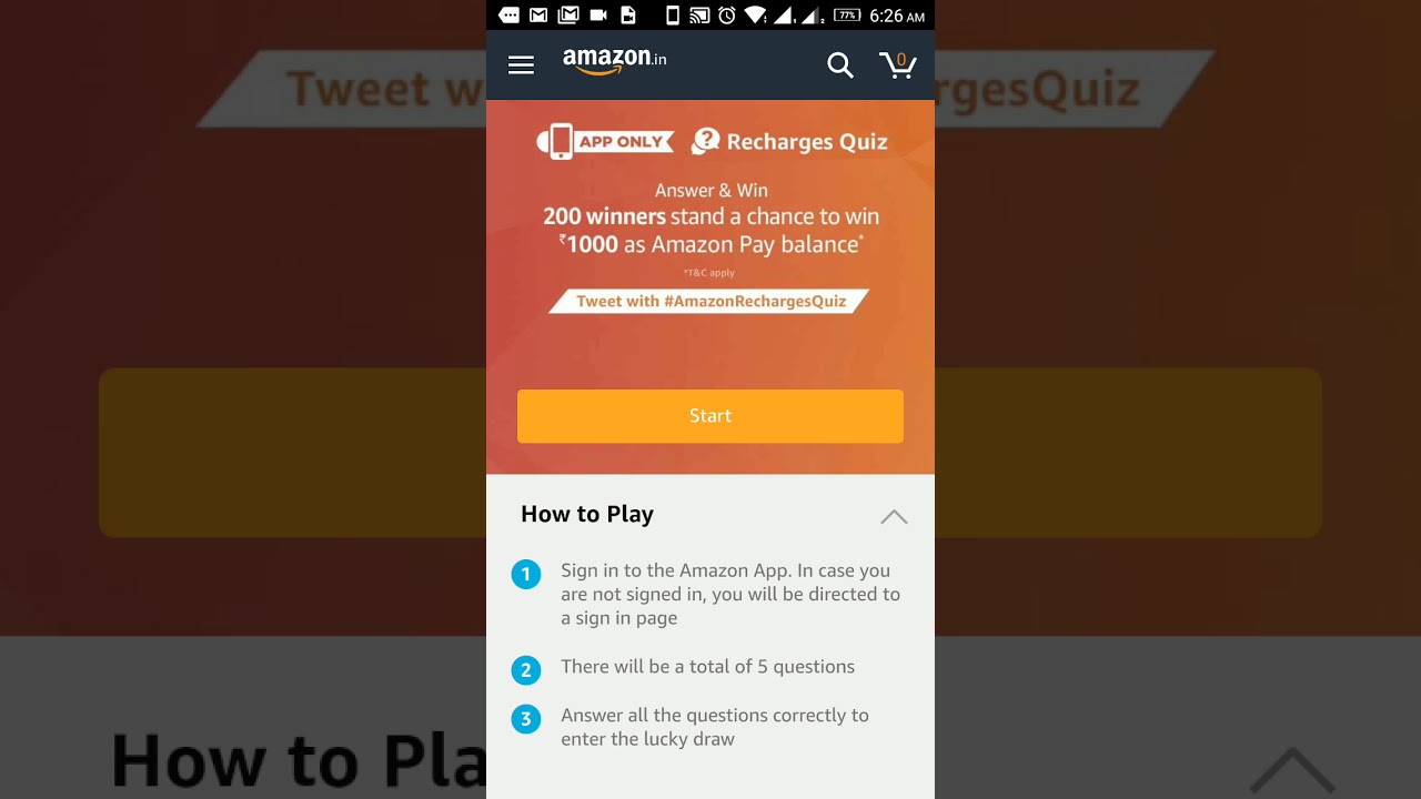 Amazon Recharge quiz  | win ₹1000 |200 Winners | Answer |19.12.2017|