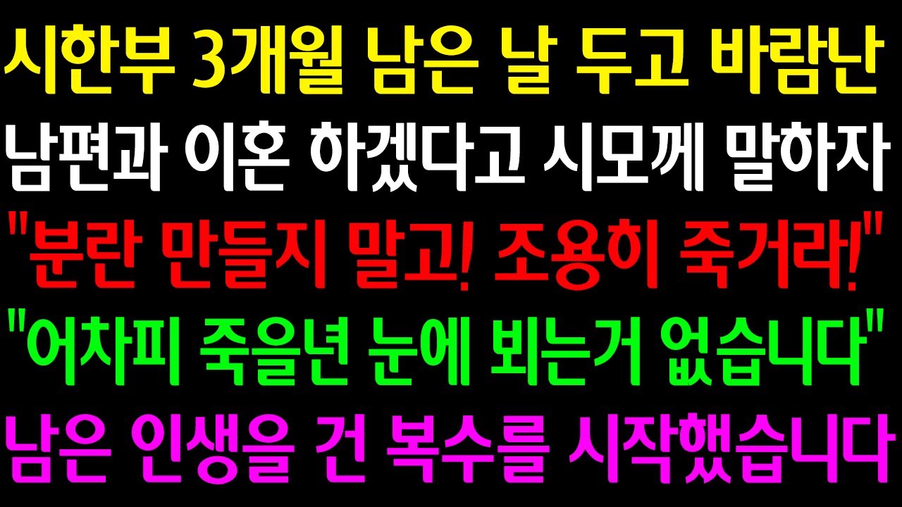 Outline Video (실화사연) 시한부 3개월인 날 두고 바람난 남편과 이혼하겠다고 시모께 말하자 “분란 만들지 말고 조용히 죽거라!” 어차피 죽을년 눈에 뵈는거 없네요 인생을 건 복수를 시작했습니다