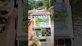 Painting a Hidden River Paradise with Tiny Watercolors 🌿💧 | Mini Plein Air Landscape #Shorts