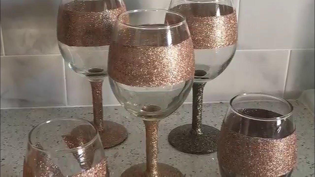 DIY glitter wine glasses with rhinestone accent