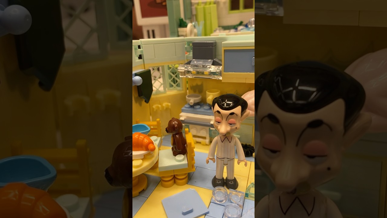Lego Mr.Bean in kitchen with teddy bear 