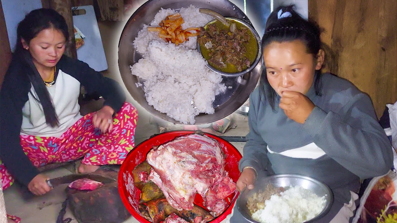Pork Meat and Bones_Curry with rice cooking and eating in village