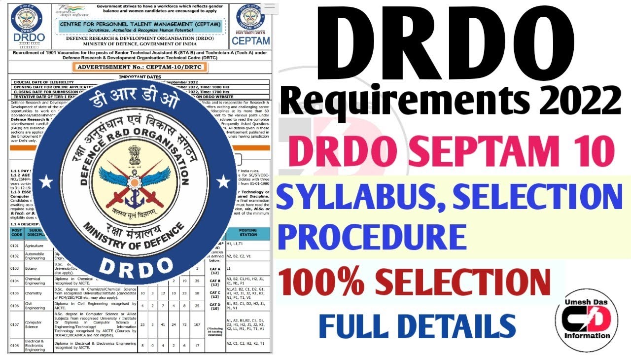DRDO REQUIREMENT 2022 SEPTAM-10.FULL SYLLABUS DETAILS/ SELECTION