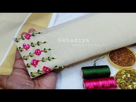 French knot Pink flower embroidery design for sleeve |onam special kerala saree blouse embroidery 