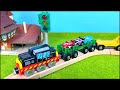 Wooden train railway: locomotives, trucks, cars