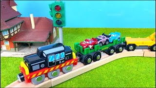 Wooden train railway: locomotives, trucks, cars