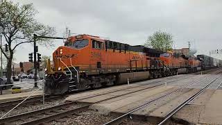 BNSF freight train is passing through LaGrange, Illinois.