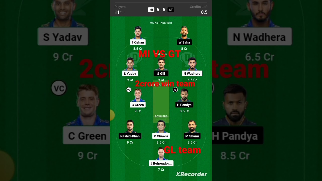 MI VS  GT Dream11 team fantasy team GT VS MI DREAM11 prediction today match 