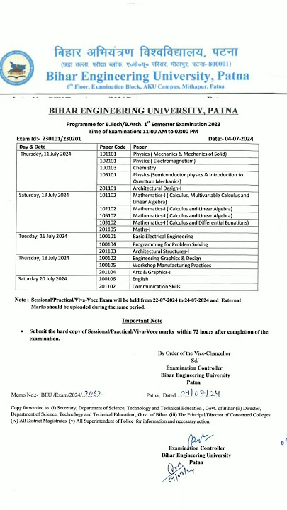 Beu Patna 1st Semester Exam Date Batch 2023-2027 #beu #engineering #shorts #viral