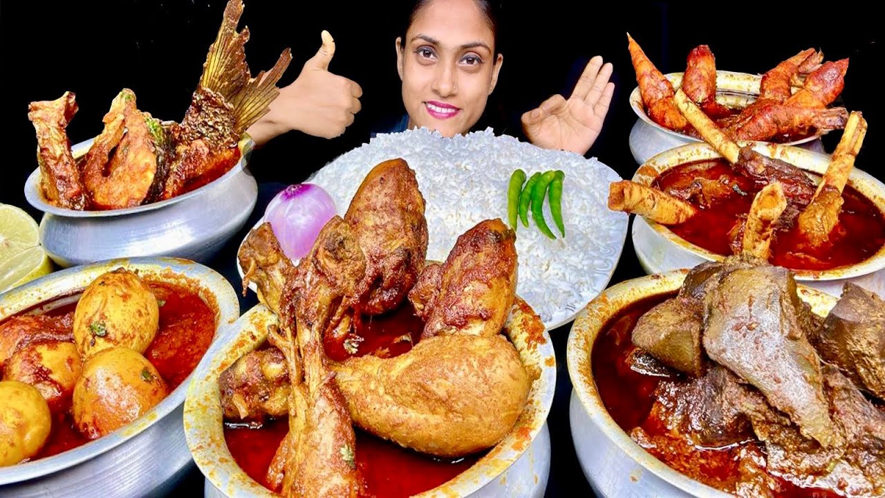 SPICY MUTTON CURRY CHICKEN CURRY EGG CURRY MUTTON LIVER CURRY FISH CURRY PRAWN CURRY EATING 