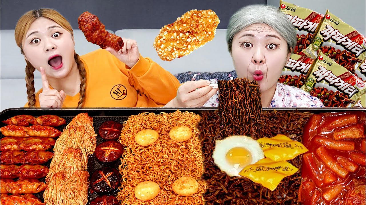 MUKBANG 직접 만든 짜파게티 치킨 떡볶이 먹방 모음! BLACK BEAN NOODLES FRIED CHICKEN EATING SOUND | HIU 하이유